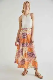 NWT $98 ~ FREE PEOPLE ~ Patchwork Print Button Down Sammy maxi SKIRT sz 12