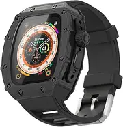 Luxury Case for Apple Watch Band 49mm, Rugged Bumper Metal Cover + Built-in Glass + Fluoroelastomer Strap for Men's Heavy Duty iWatch Series Ultra 2 49mm Protective Case (49mm, Black)
