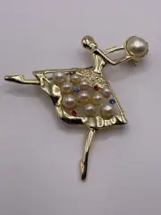 Vintage Ballerina Gold Tone Brooch Pin w/Faux Pearl & Rhinestones New Old Stock