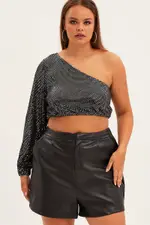 Silver Crop Top One Sleeve Sequin Jersey