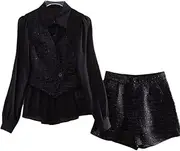 [Mkjuuior] Women's Suit Tweed Stitching Chiffon Shirt Top + Shorts Pants Ladies Casual Suit