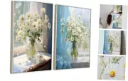White Flower Canvas Wall Art - Sunlit Daisies in Glass Vase Decor, Framed
