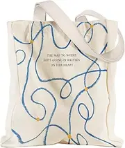 [Miss Adola] Aesthetic Heavy Canvas Tote Bag with Pocket for Women, Cloth Gusseted Totes Bag with Pattern for Shopping, Gift