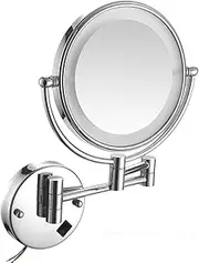 Wall Mounted Makeup Mirror with Led Lights, Double-Sided Round Cosmetic Mirror with Light and Magnification, Double Sided Magnifying Vanity Mirror Extended Arm 360° Swivel LED Shaving Mirror