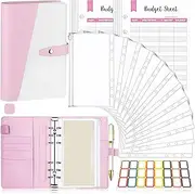 Multifunctional A6 Budget Binder with 12 Clear Zip Pockets and 12 Budget Sheets PU Cash Envelopes Portable Envelopes Organizer(Pink)