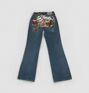 Ed Hardy Painted Multi Tattoo Low Rise Baggy Tiger Koi Y2K Retro Jeans 26 NEW