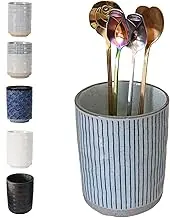 TOPYOKK Stoneware Ceramic Utensil Holder for Coffee Bar Accessories, Teaspoon Tea Spoon Holder Cup Coffee Stirrers Holder for Stir Sticks Straws Small Utensil Jar (Blue Stripes)