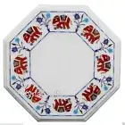 Octagon White Marble Coffee Table Top Carnelian Stone Inlay Work Corner Table