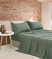 CleverPolly Vintage Washed Microfibre Sheet Set - Ultra Soft, Breathable & Hypoallergenic for Year-Round Comfort (Khaki Green, King Single)