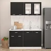 4 Piece Kitchen Cabinet Set Black Engineered Wood Cabinets with Glass Doors, Ample Storage Space, Modern Design - Size Included: 60 x 31 x 60 cm, 80 x 31 x 60 cm