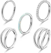 [YADOCA] 5Pcs 18G 16G Surgical Steel Nose Rings Hoops for Women Men Clicker Septum Hinged Segment Lip Nose Rings Helix Cartilage Conch Rook Earrings CZ Opal Body Piercing Jewelry 8mm 10mm