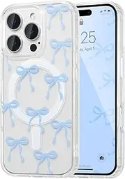 UEEBAI Magnetic for iPhone 12 Pro Max Case, Bow Case Compatible with MagSafe, Wireless Slim Clear Ribbon Aesthetic Phone Case Anti-Yellowing Shockproof Protective Cover for Women Girl - Baby Blue