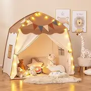 HONEY JOY Large Kids Tent, Indoor Outdoor Dome Tent Playhouse w/Bright Lights, Flags, 2 Doors, 2 Windows, Machine Washable Teepee Tent for Toddlers, Kids Play Tent for Kids Aged 3 + Years Old, Coffee