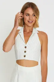 Stripe Crop Top Sleeveless Collared - Size 14, Women's Semi Crop