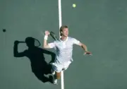 An aerial view of Anders Jarryd of Sweden in action during a men' - Old Photo