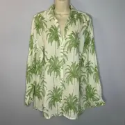 Tahari Linen White Green Top Shirt Blouse Palm Trees Button Up Relaxed Mature XL