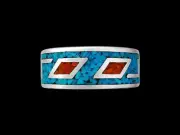Size 6.5-925 Sterling Silver Large Geometric Turquoise & Red Coral Ring,...