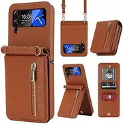 Leather Case Zipper Wallet Case Mobile Phone Cover with Lanyard Card Holder for Samsung Z Flip 3 4 5 6,Brown,for Galaxy Z Flip 5