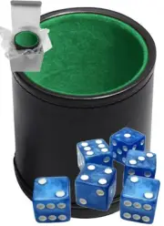 (6) 16mm Blue Marbleized Dice + PU Leather Green Felt Lined Cup Sealed Box