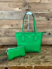 Michael Kors Eva Small Top Zip Palm Green Nylon Tote and Double Zip Wallet-NWT