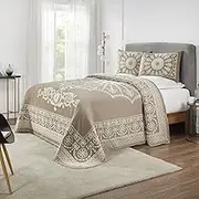 Superior Cotton-Polyester Blend Jacquard Weave Medallion Textured 2-Piece Bedspread Set, Twin, Taupe