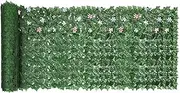 Decorative Artificial Ivy Leaf Green Hedge Roll with Faux Flowers, 3 m x 1 m Artificial Ivy Privacy Fence Screen UV Fade Protection for Wall Balcony Garden Outdoor Indoor Decor