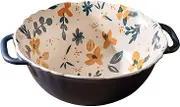 Soup Bowls with Handles Noodle Ramen Curry Bowl,Large Ceramic Ramen Bowl,Deep Onion Soup Bowl Oven Safe,Microwave Safe Serving Bowl.-Blue and flowers-22x18x7cm,1000ml