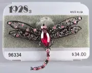 NEW NOS VTG 1928 Gunmetal Dark Silver Brooch Pin DRAGONFLY w/PINK RHINESTONES