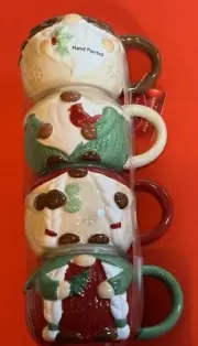 St. Nicholas Square Christmas Mugs Gnomes Stacking Set Of 4 Cups Hand Painted
