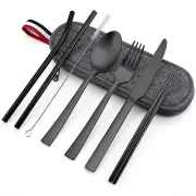 Matte Black Travel Utensils Set 8-Piece Metal Travel Silverware Portable Camp...
