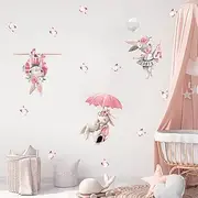 Cute Pink Bunny Butterfly Wall Stickers, sacinora Little Rabbit Cartoon Animal DIY Wall Decal Removable Vinyl Peel and Stick for Kids Baby Girl Nursery Bedroom Toddler Room Kindergarten Art Decoration