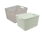 BULK 12 PLASTIC RECT STORAGE BASKET W/ HANDLE ASSORT 29X21CM