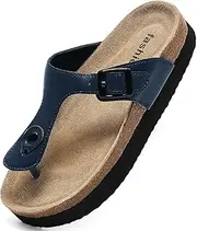 [Foinledr] Leather Flip Flops Women Soft Cork Footbed Sandals Platform Slides Thong Open Toe Slides Sandals Women Dressy Shoes for Walking Beach Indoor