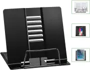Book Stand, Cookbook Holder with 6 Adjustable Angles and Paper Page Clip, Sturdy and Smooth Metal Bookstand for Reading Recipe, Textbook, Document
