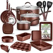 [Nutrichef] 20-Pc. Nonstick Kitchen PTFE/PFOA/PFOS-Free Heat Resistant Silicone Handles Cookware Bakeware Set w/Saucepan, Frying Pans, Cooking, Oven Pot, Lids, Utensil, Brown-NCCW20SBR, Brown