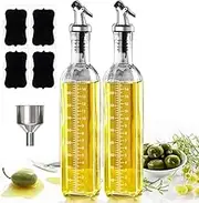 Showvigor Olive Oil Dispenser Bottle Set of 2, Oil and Vinegar Cruet Set 17oz/500 ml,Oil Bottles for Kitchen,Square Tall Glass Oil Bottle with 4 Labels, 2 Pourers and 1 Funnel as Kitchen Helper