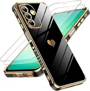 [LeYi] for Galaxy A26-5G Case: with Tempered Glass Screen Protector [2 Pcs]+ Full Camera Lens Protection,Love Heart Plating Cute Luxury Soft TPU Shockproof Case for Samsung A26 5G,Black