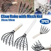 2X Clam Rake With Net 5Claw Wood Handle Rake Shell Digging Tool Dig Seafood Tool
