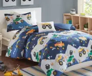 MONSTER TRUCKS RALLY COMFORTER SET : KIDS BOYS WHITE BLUE JAM BEDDING