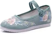 GHAKKE Women's Retro Floral Embroidery Ankle Strap Shoes Chinese Style Traditional Ancient Style Hanfu Cheongsam Shoes Casual Lightweight Walking Flat Shoes(Green,6)
