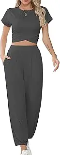 [Missufe] Women's Crop Top and Jogging Bottoms Tracksuit Lounge Sports Suit Leisure Suit 2 Piece Outfit with Pockets