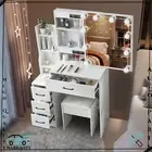 Bedroom White Dressing Makeup Table Vanity Desk Set with LED Lights Mirror+Stool