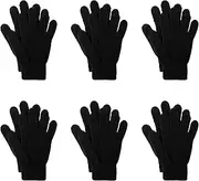 [BANDIDOS] Pack 6 Pairs Black Winter Warm Mens Boys Girls Women Warm Stretch Full Finger One Size Magic Gloves, Black, One Size