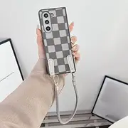 Plaid Wrist Strap PU Leather Phone Case for Samsung Galaxy Z Fold 6 Fold 5 4 Fold 3 5G Protection Cover,Gray,for Samsung Galaxy Z Fold6