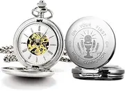 [ManChDa] Engraved Boy's First Holy Communion/Christening St Christopher Pewter Pocket Watch Gift with Presentation Box, Mechanical Pocket Watches with Chain for Men, Boy’s Confirmation Gifts(Silver)