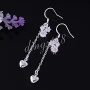 925 Sterling Silver Tarnish-Free Crystal 2" Threader Heart Dangle Earrings P686