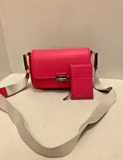 Michael Kors Bradshaw MD Leather Pocket Messenger +Card Case Wallet -Dragonfruit