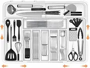 Xkimos Larger Cutlery Drawer Organiser with 9 Compartments, 3-sided Expandable Kitchen Drawer Organiser, Non-Slip,Large for Spoons, Forks and Knives (White)