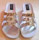 GRANDCO SANDALS White Beach Pool SLIDE Wedge Beaded Jeweled DRESSY Flip Flops
