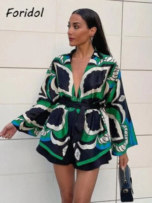 Foridol Oversized Green Print Shorts Sets Shirts Shorts Pants Three Pieces Suits
